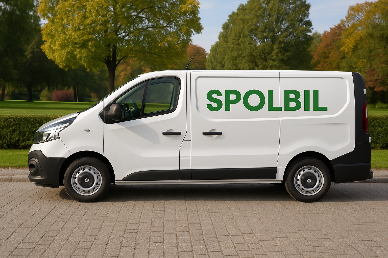 Vit Renault Trafic med grön text "Spolbil" på sidan, parkerad i en grönskande parkmiljö.