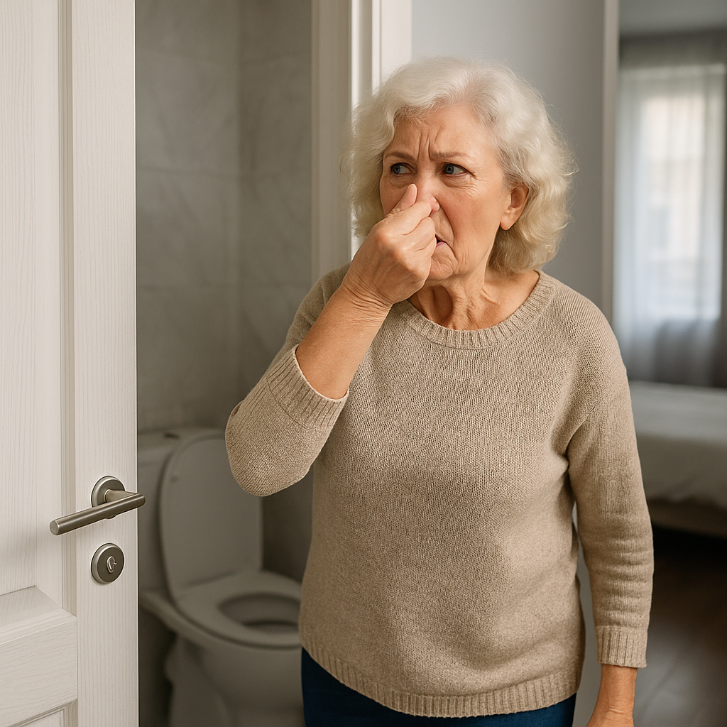 Äldre kvinna ser förskräckt ut när hon kommer ut från badrum på grund av dålig lukt från avloppet.