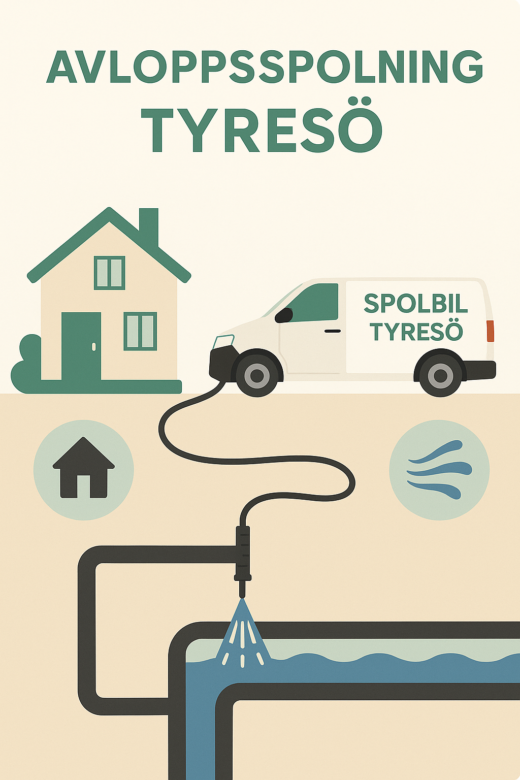Infografik som visar processen för avloppsspolning i Tyresö med spolbil, rör och vattenstrålar.