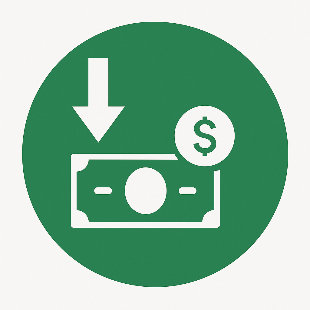 Ikon som visar en nedåtriktad pil ovanför en sedel och ett mynt med dollartecken – symboliserar minskade kostnader.