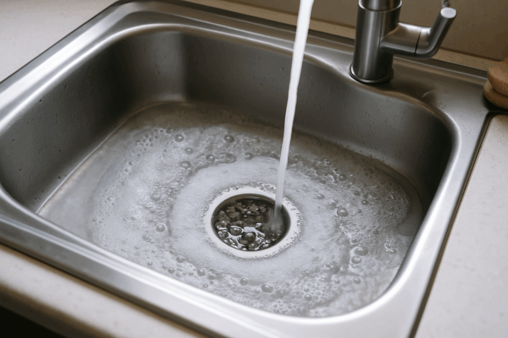 Vatten som rinner långsamt i köksho på grund av ett stopp i avloppet.
