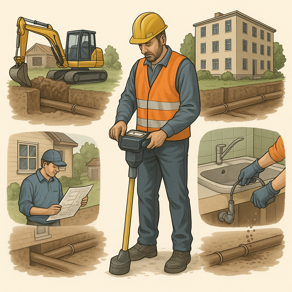 Lokalisering av rör och ledningar – olika användningsområden. Illustration av rörmokare som lokaliserar rör med utrustning i olika situationer.