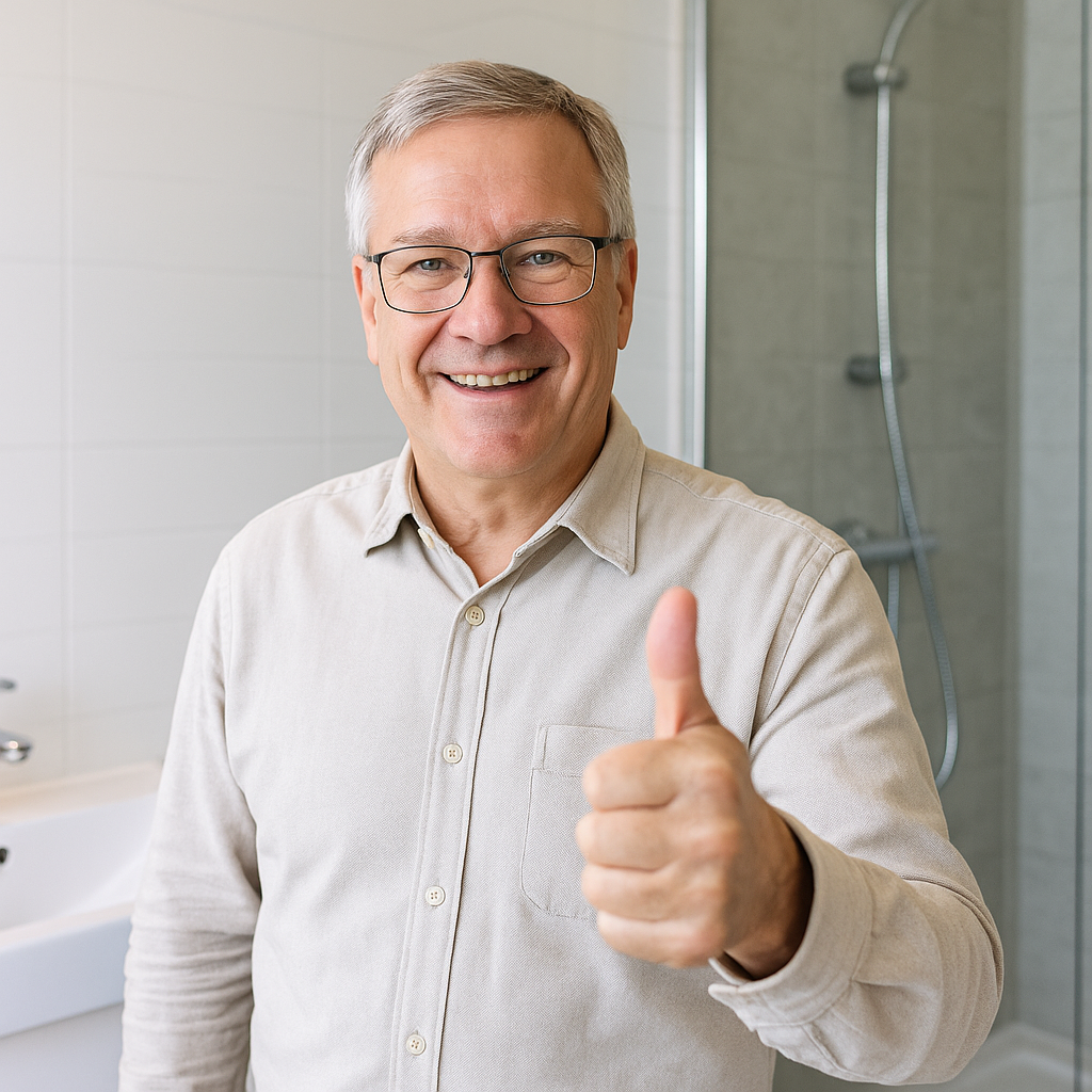 Äldre man över 60 år ger tummen upp i ett modernt badrum efter spolning av sitt avlopp.
