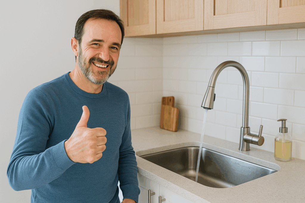 Nöjd kund efter renspolat köksavlopp Man som är nöjd efter att hans köksavlopp blivit renspolat, ger tummen upp vid en modern köksvask med rinnande vatten.