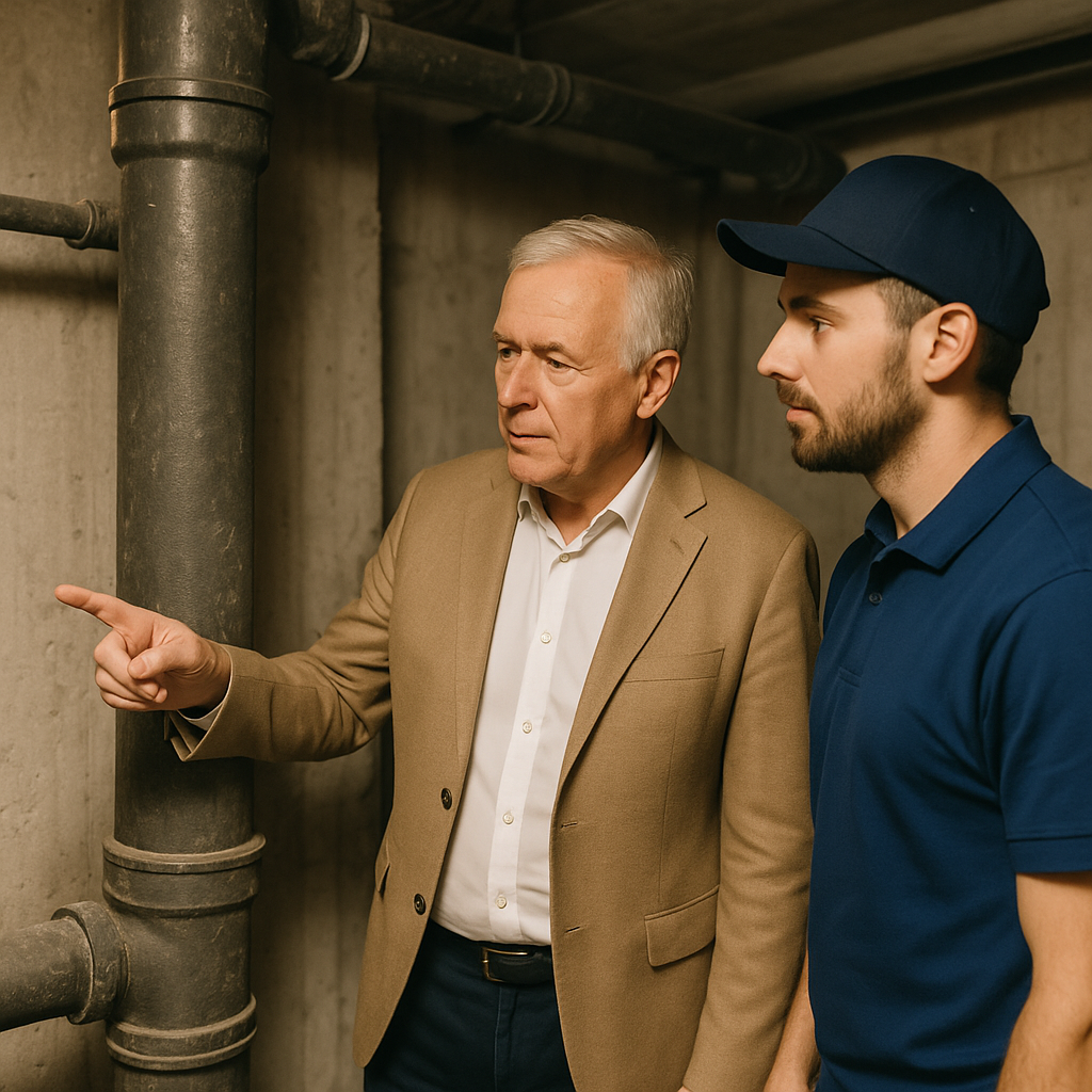 Ordförande visar rörmokare huvudstam i lägenhetshus Ordförande i beige kavaj visar en rörmokare i blå arbetskläder en huvudstam i ett lägenhetshus källare.