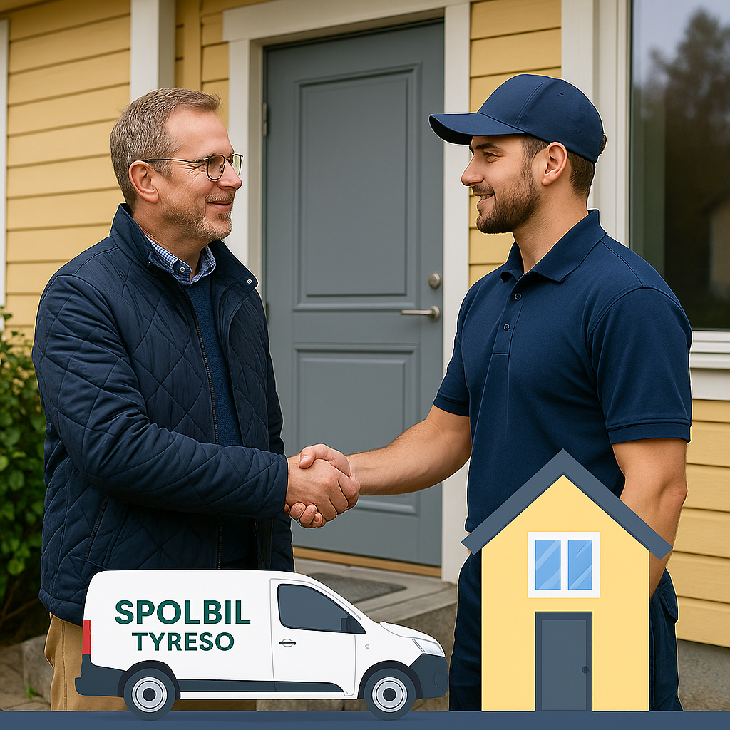 Ordförande och rörmokare skakar hand utanför en port i Tyresö.