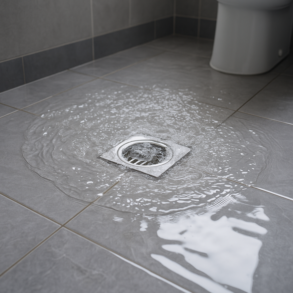 Översvämmad golvbrunn i badrum på grund av stopp i avlopp