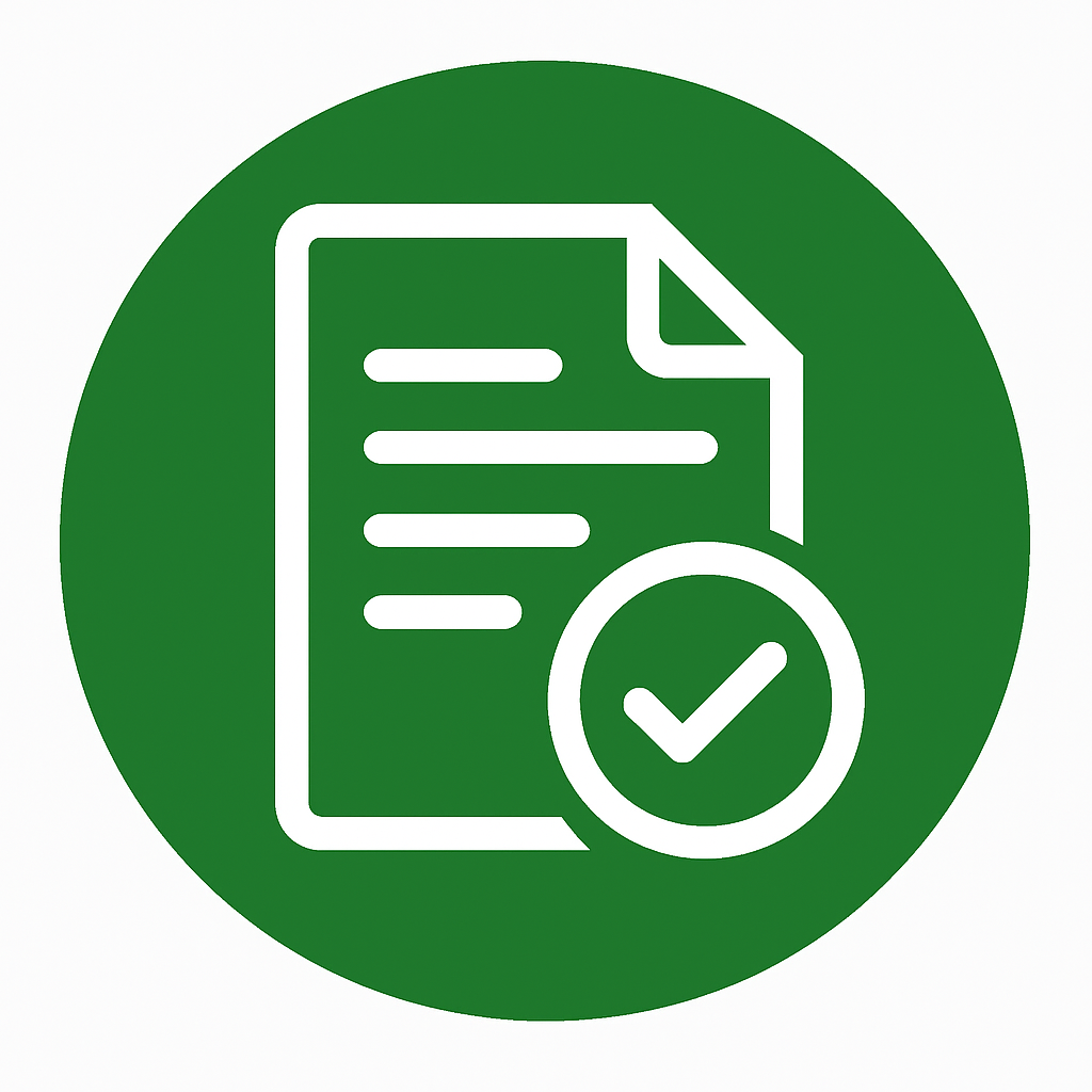 Ikon med ett dokument och en bockmarkering – symboliserar tydlig dokumentation och verifierad information.