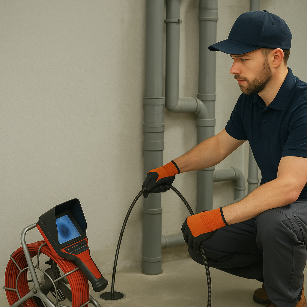 Platsbild på rörmokare som genomför rörinspektion med kamera i ett teknikutrymme. Kameraslangen är på väg ner i golvet och monitorn visar insidan av röret.