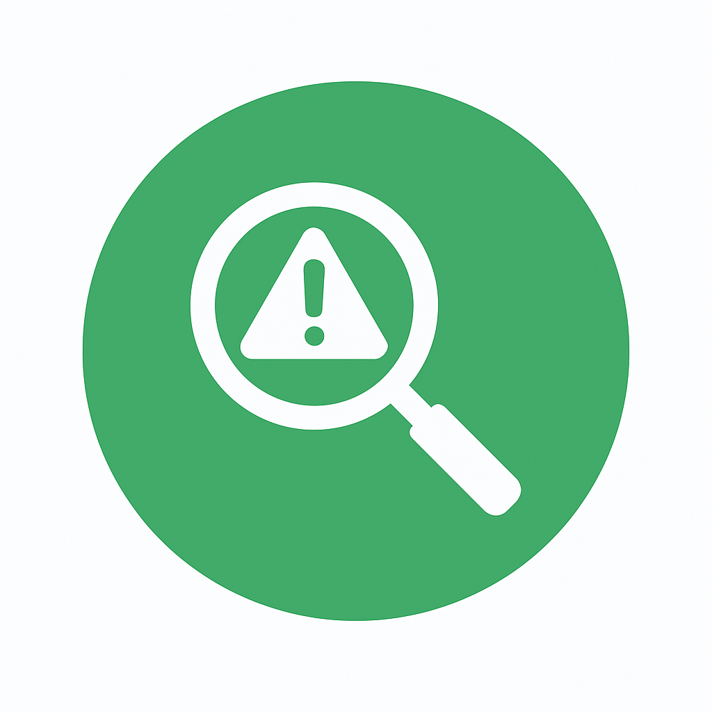 Ikon med ett förstoringsglas som visar en varningstriangel med utropstecken – symboliserar tidig upptäckt av problem.