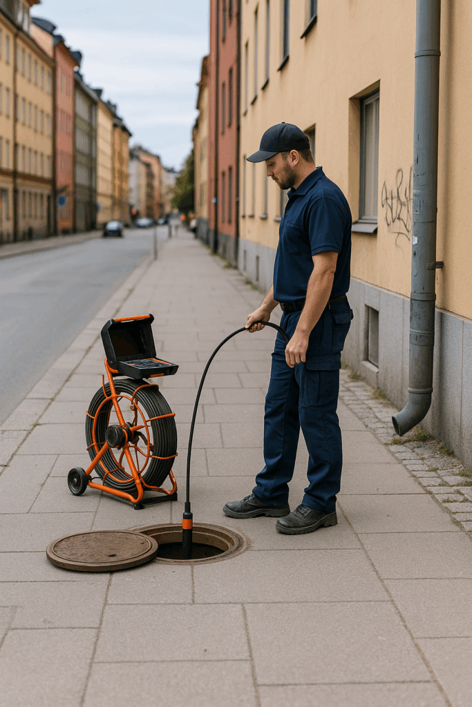 Rörmokare inspekterar rör i Stockholm på avstånd Rörmokare på avstånd inspekterar ett rör med avancerad utrustning i Stockholm.