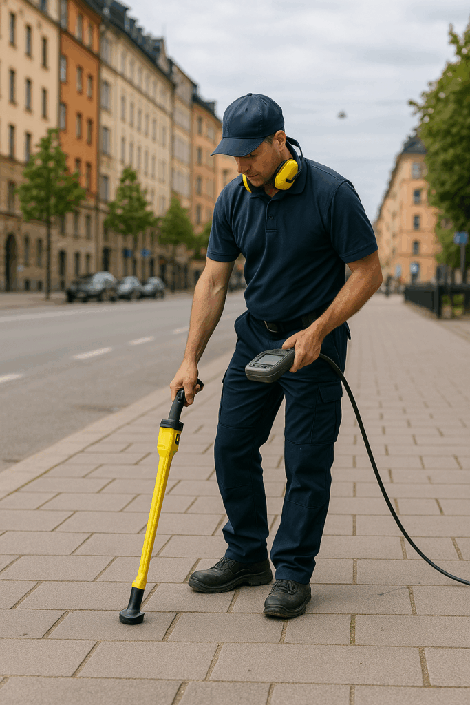 Rörmokare lokaliserar rör i Stockholm med avancerad utrustning Rörmokare lokaliserar rör i marken med avancerad utrustning på en gata i Stockholm, fotorealistisk bild tagen på avstånd.