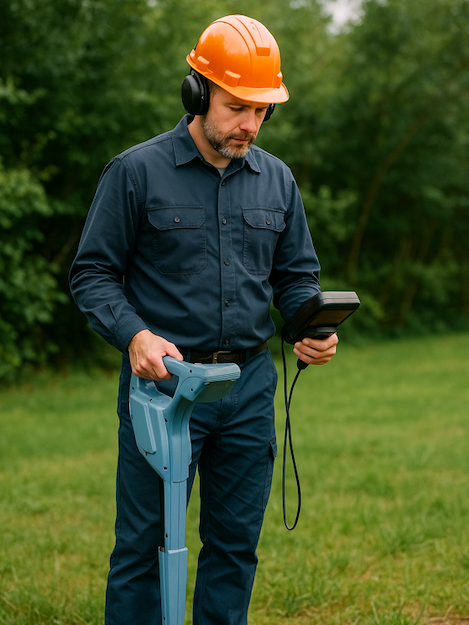 Rörmokare utför ledningslokalisering Rörmokare lokaliserar rör med avancerad utrustning utomhus
