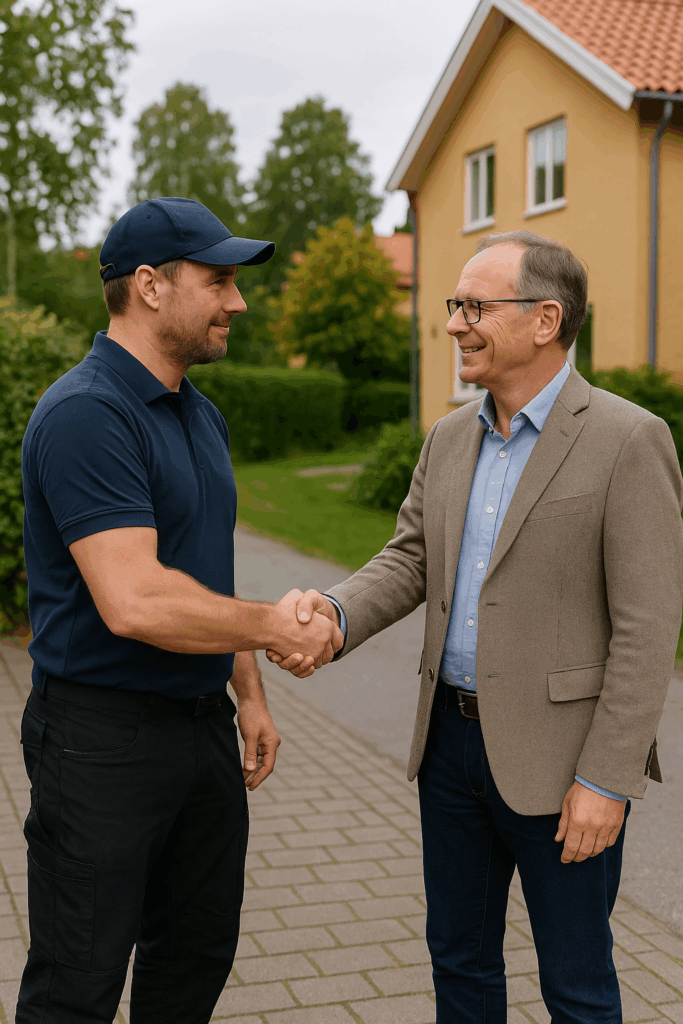 Rörmokare och ordförande skakar hand utanför en villa i Bromma.
