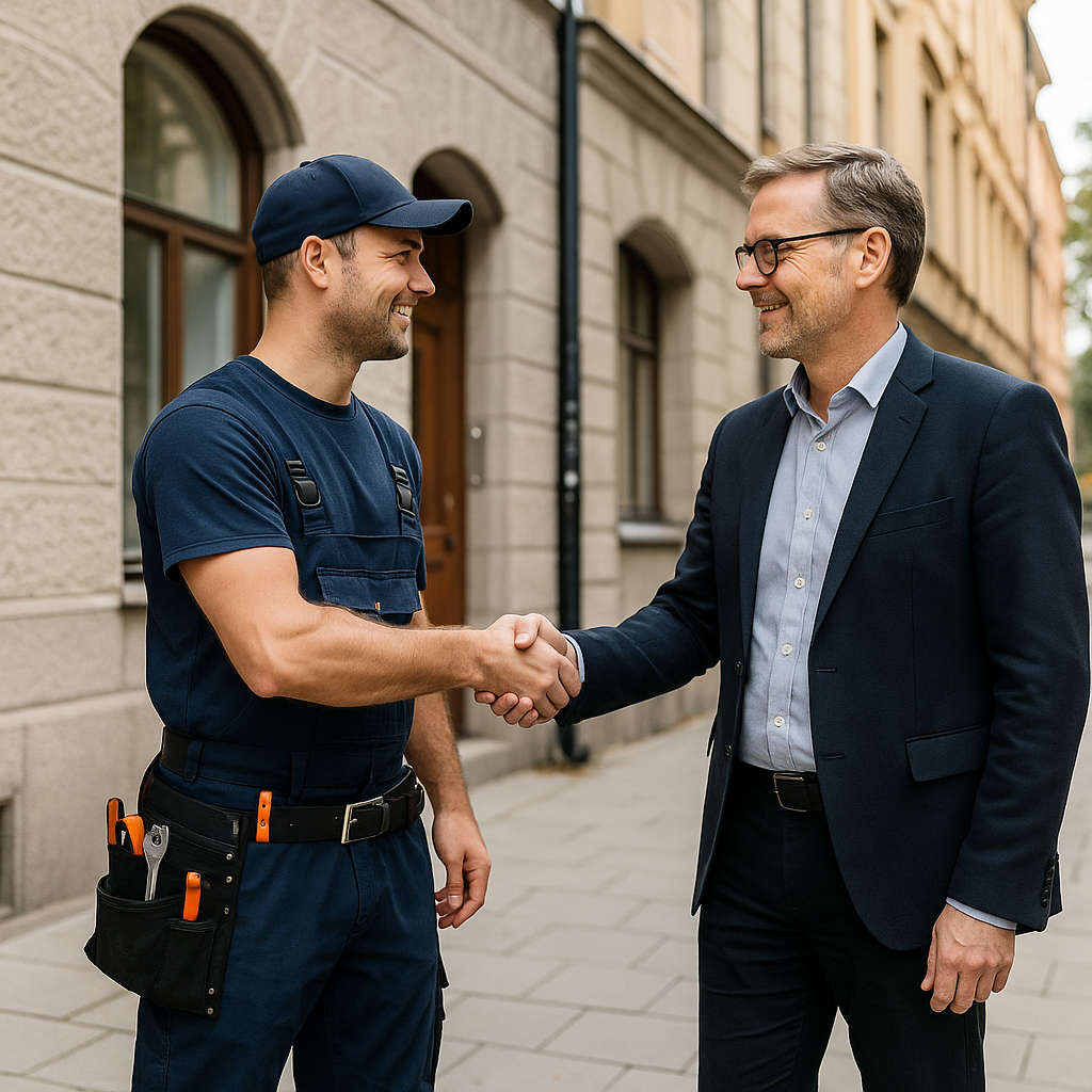 Rörmokare och ordförande skakar hand i Stockholm Rörmokare i arbetskläder skakar hand med en bostadsrättsförenings ordförande framför en fastighet i Stockholm.