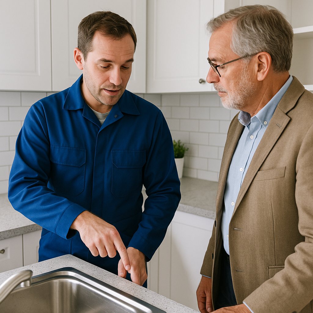 Rörmokare visar ordförande köksavlopp i Huddinge Rörmokare i blå arbetskläder visar en ordförande i beige kavaj hur köksavloppet fungerar vid en diskho.