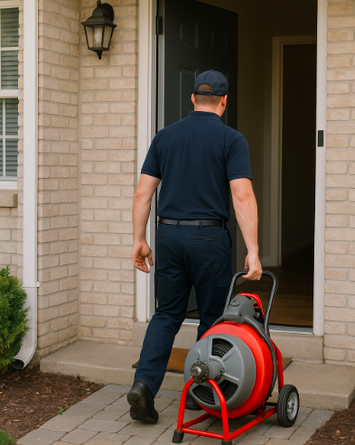 Rörmokare i Salem med rensmaskin för avloppsrensning Rörmokare på väg in i en villa i Salem med rensmaskin för att rensa avlopp.