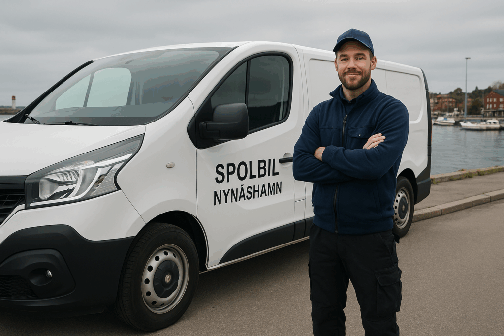 Rörmokare och spolbil i Nynäshamn Rörmokare står vid sin spolbil i Nynäshamn med texten ”Spolbil Nynäshamn” på sidan av bilen.