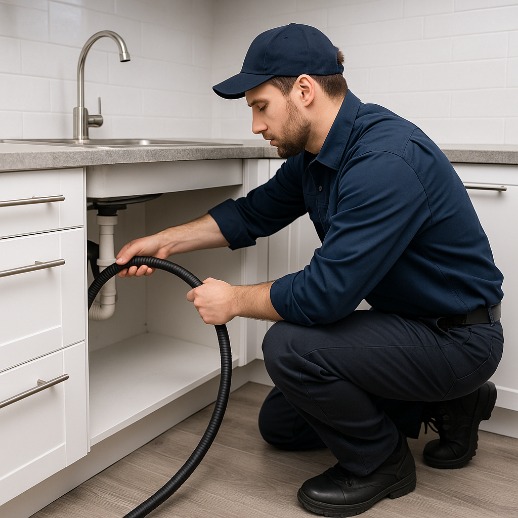 Rörmokare spolar köksavlopp i Stockholm Rörmokare som förbereder att spola ett köksavlopp med en spolslang, ena änden av slangen går ut ur bild.