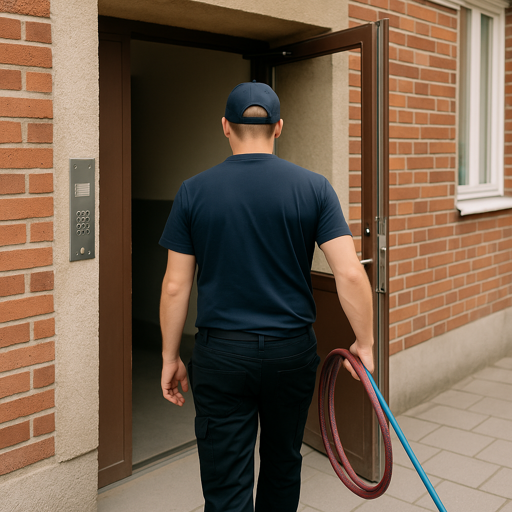 Rörmokare i Salem på väg in med spolslang Rörmokare på väg in i en lägenhetsport i Salem med spolslang i handen, andra änden går ut ur bild.