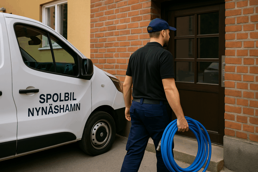 Rörmokare på väg att stamspola i Nynäshamn Rörmokare på väg in i flerfamiljshus i Nynäshamn med spolslang i handen bredvid en spolbil märkt ”Spolbil Nynäshamn”.