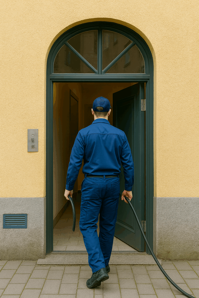 Rörmontör i blå arbetskläder går in genom en port i Bromma.