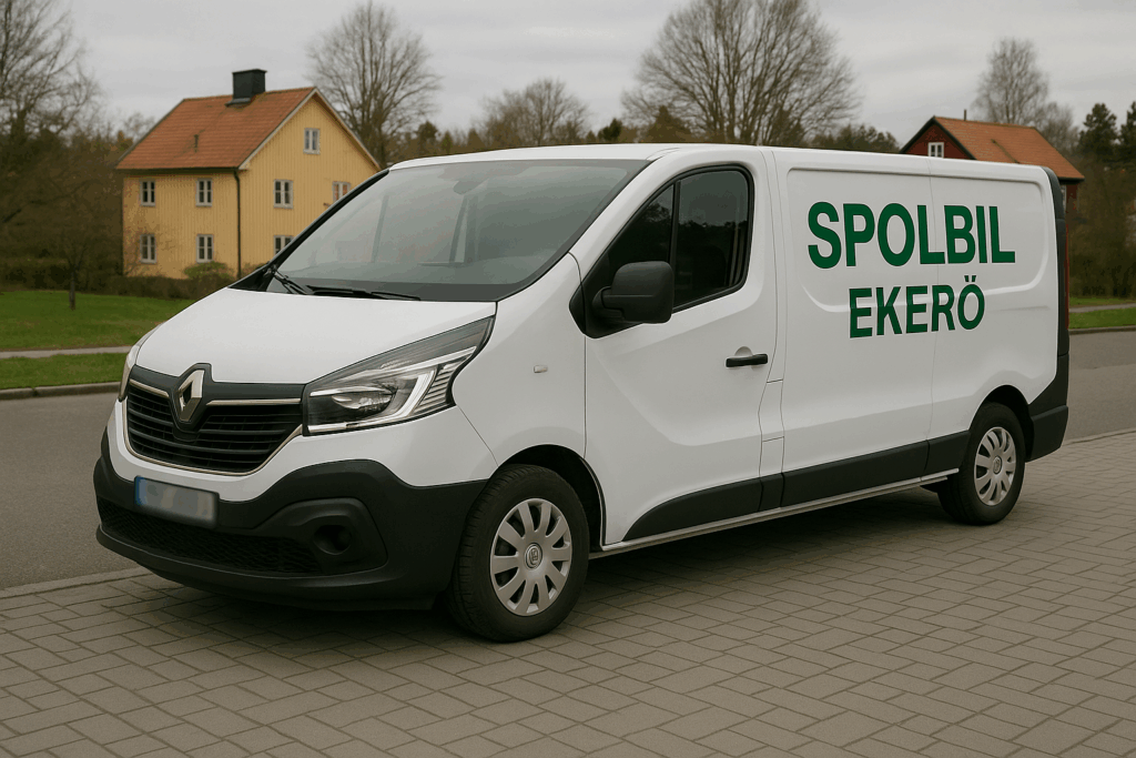 Vit Renault Trafic med texten "Spolbil Ekerö" i grönt, parkerad på en gata i Ekerö.