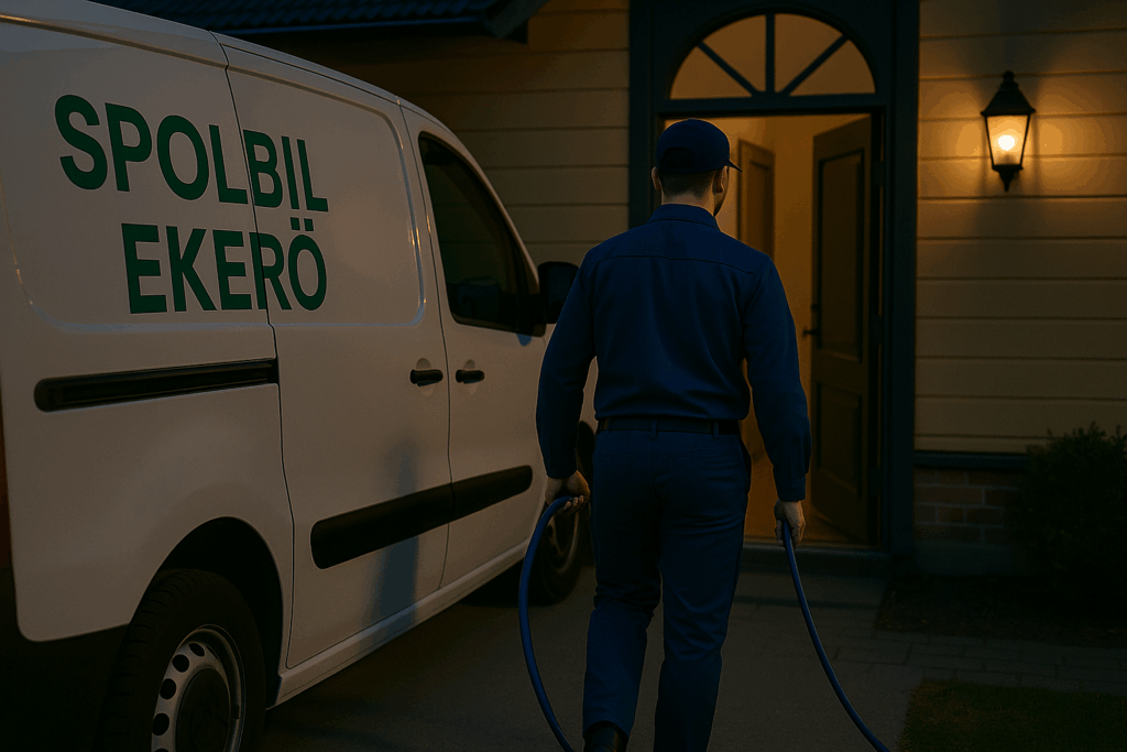 Spolbil Ekerö parkerad vid en villa på kvällen medan montören går in med spolslang.