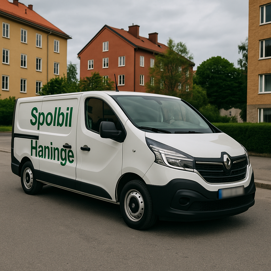Vit Renault Trafic med grön text Spolbil Haninge parkerad i Haninge, registreringsskylt blurrad.