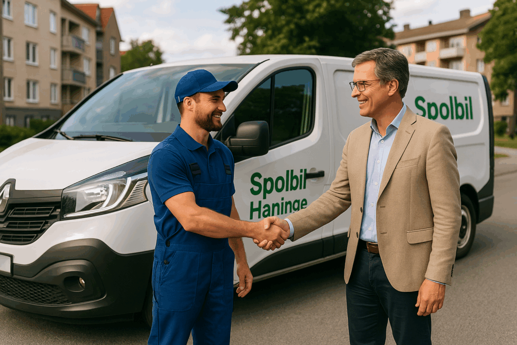Rörmokare i blå arbetskläder skakar hand med ordförande i beige kavaj framför en vit spolbil med texten Spolbil Haninge.