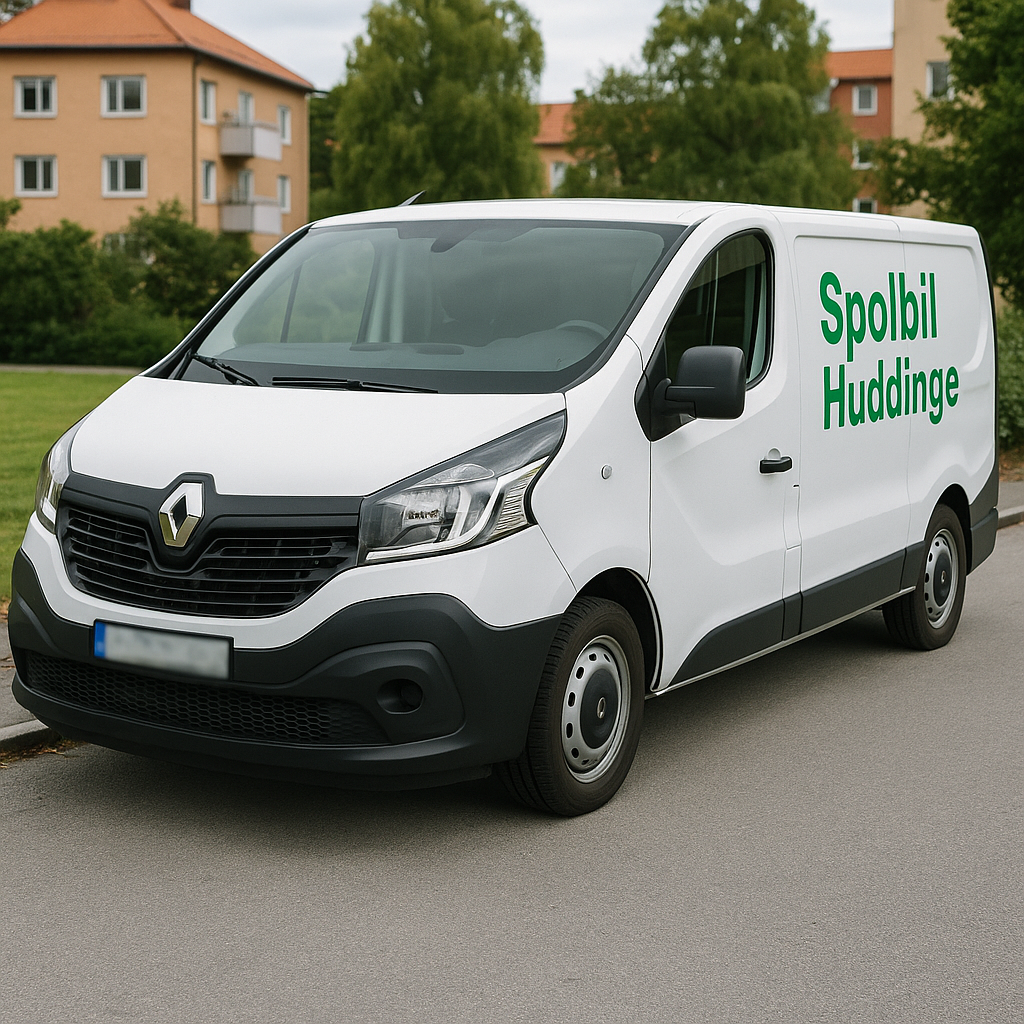 Spolbil Huddinge – Allmänna Rörjouren Vit Renault Trafic med grön text Spolbil Huddinge parkerad i Huddinge, registreringsskylten är blurrad.
