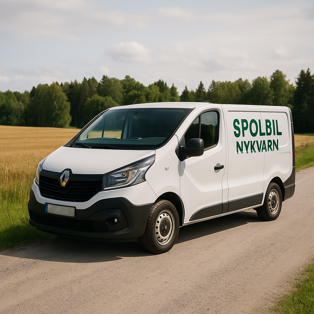 Spolbil Nykvarn – Allmänna Rörjouren Vit Renault Trafic med grön text Spolbil Nykvarn parkerad på lantlig väg i Nykvarn med skog och åkrar i bakgrunden, registreringsskylt blurrad.