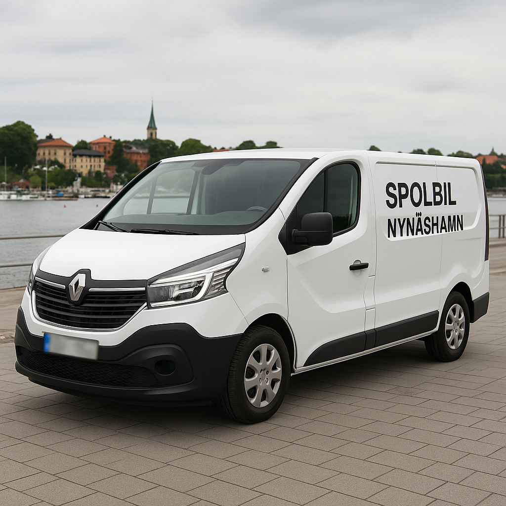 Spolbil Nynäshamn – Renault Trafic vid hamnen Vit Renault Trafic med texten ”Spolbil Nynäshamn” parkerad vid hamnen, regplåt blurrad.