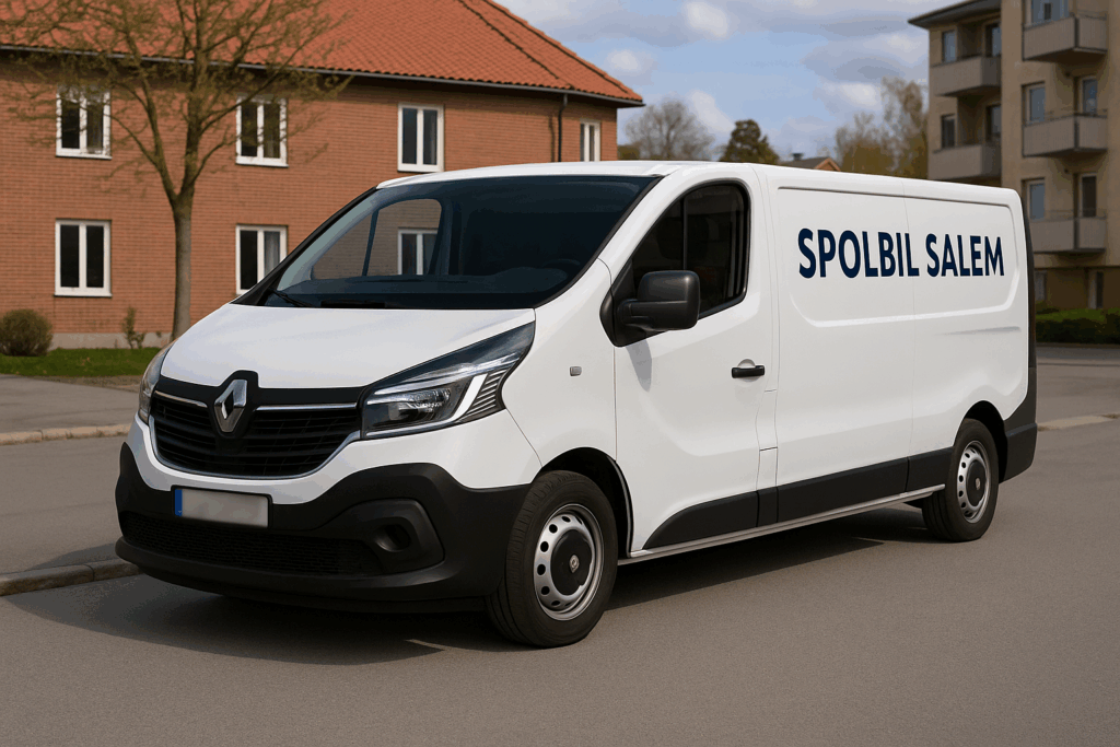 Spolbil Salem – Renault Trafic i bostadsområde Vit Renault Trafic med texten ”Spolbil Salem” parkerad i bostadsområde, regplåt blurrad.
Vit Renault Trafic med texten ”Spolbil Salem” parkerad i bostadsområde, regplåt blurrad.
