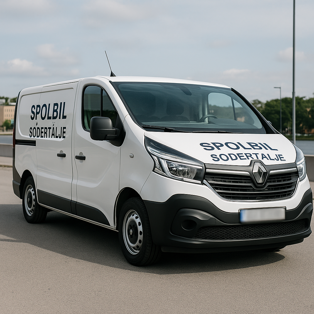 Vit Renault Trafic med texten ”Spolbil Södertälje” parkerad på en gata, regplåt blurrad.