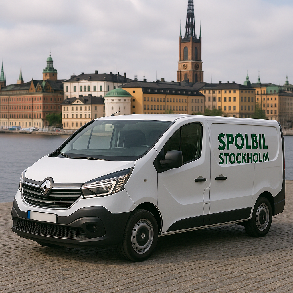 Spolbil Stockholm – Vit Renault Trafic i centrala stan Vit Renault Trafic med texten Spolbil Stockholm i grön text, parkerad i centrala Stockholm med suddad registreringsskylt.