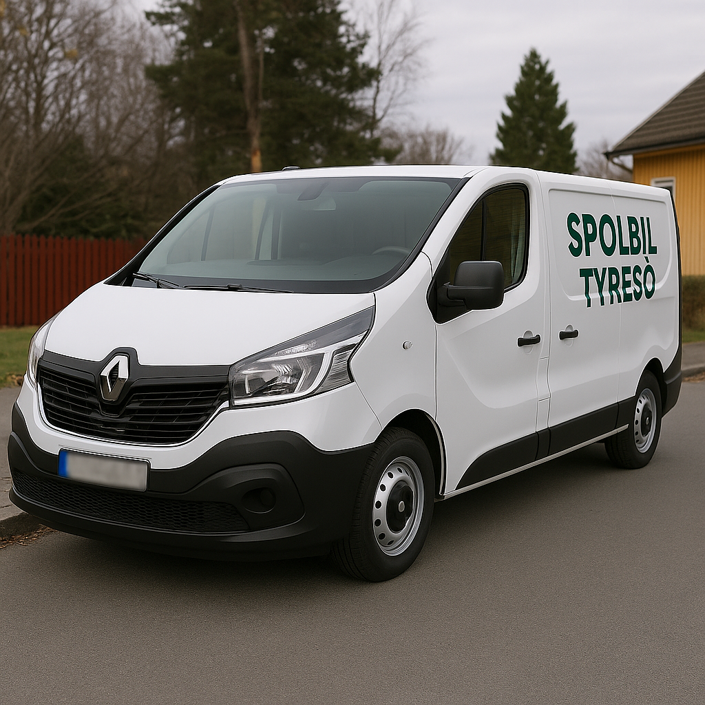 Vit Renault Trafic med texten ”Spolbil Tyresö” i grön färg parkerad på gata, regplåt blurrad.