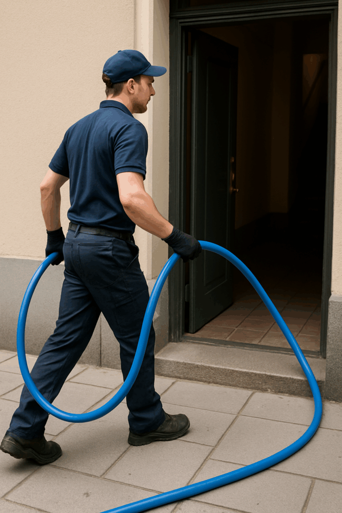 Spolmontör drar in en blå spolslang genom en port i ett flerfamiljshus.