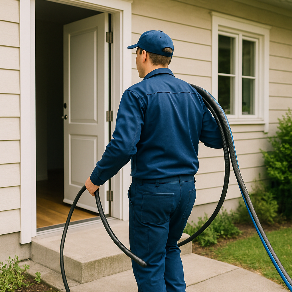 Spolmontör i Huddinge på väg in i villa med spolslang spolmontor huddinge villa spolslang