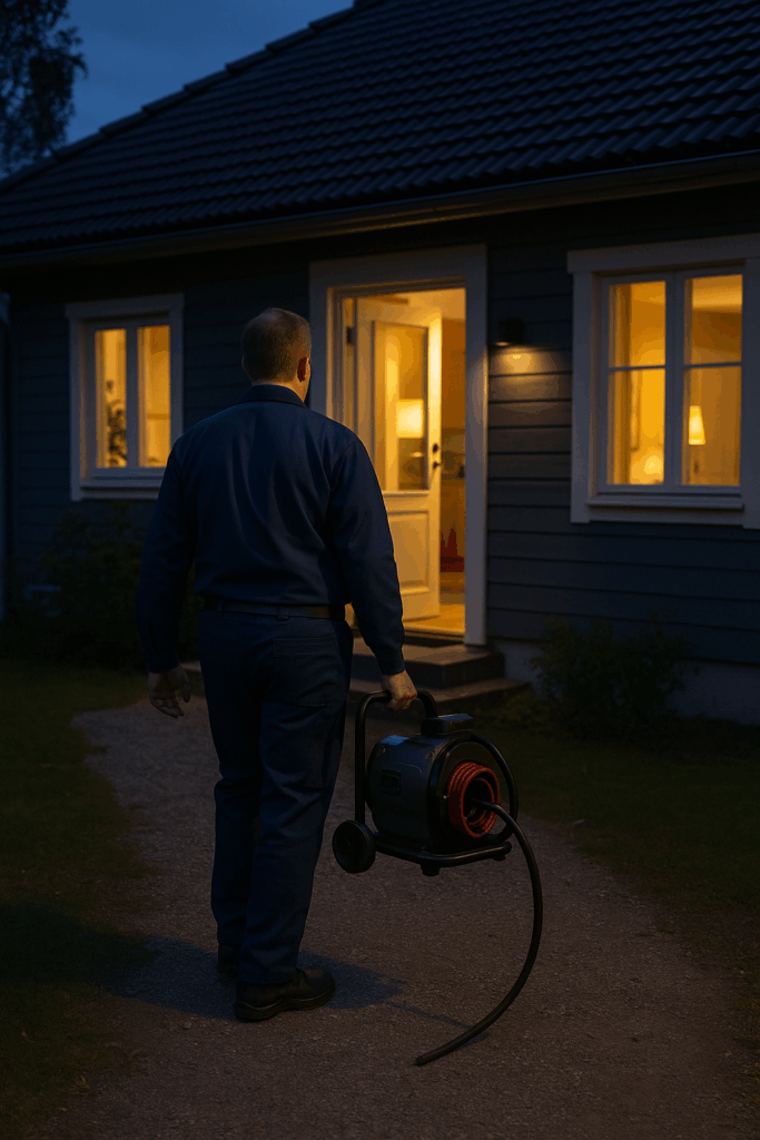 Spolmontör på väg in i villa i Nykvarn med rensmaskin Spolmontör i blå arbetskläder går på kvällen mot en villa i Nykvarn med en portabel rensmaskin.