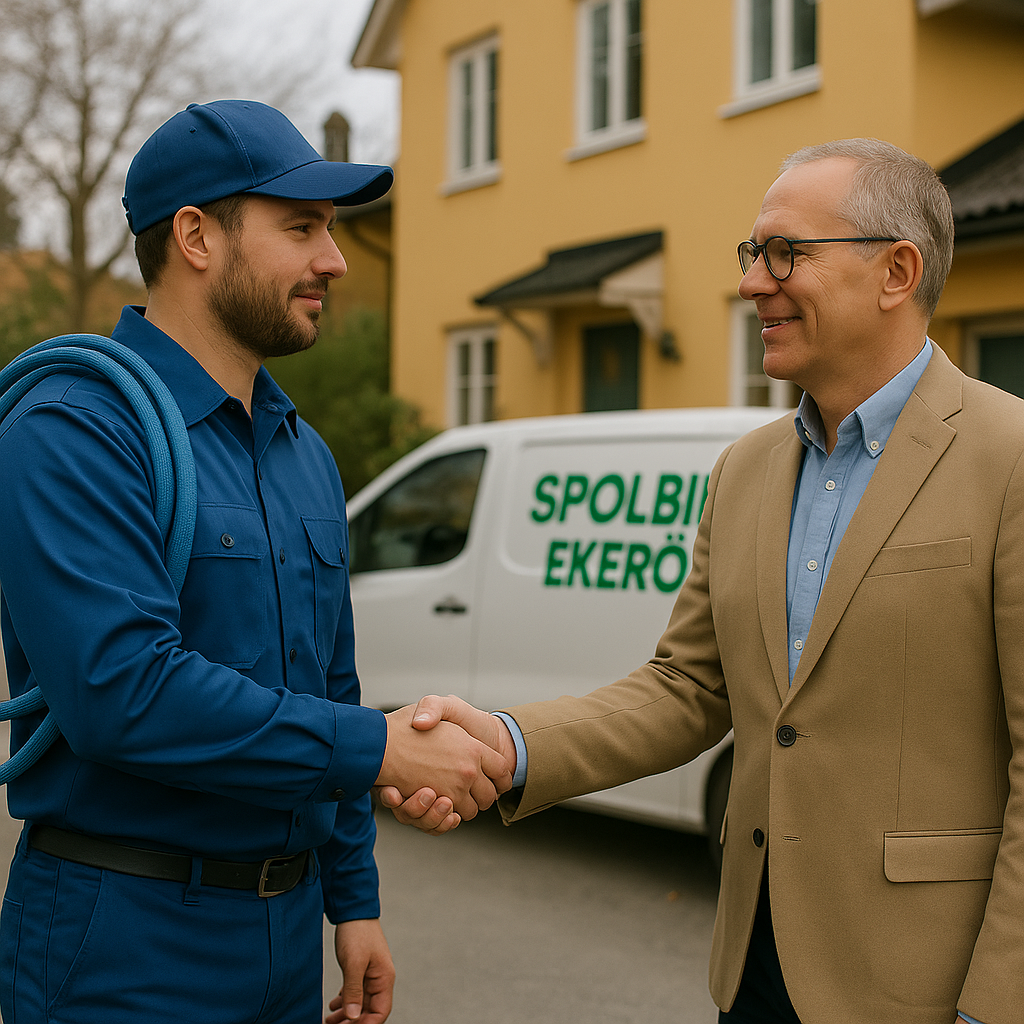Spolmontör och ordförande skakar hand framför en villa i Ekerö.