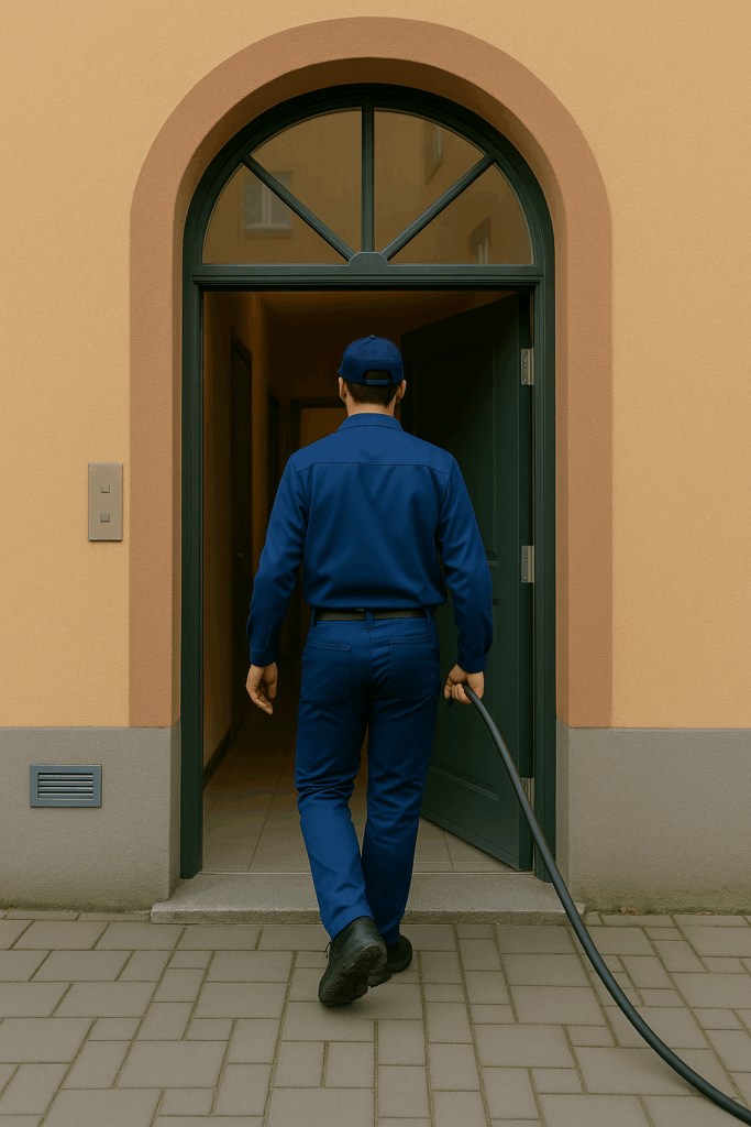 Spolmontör på väg in i en port på Ekerö med en smal svart spolslang i handen.