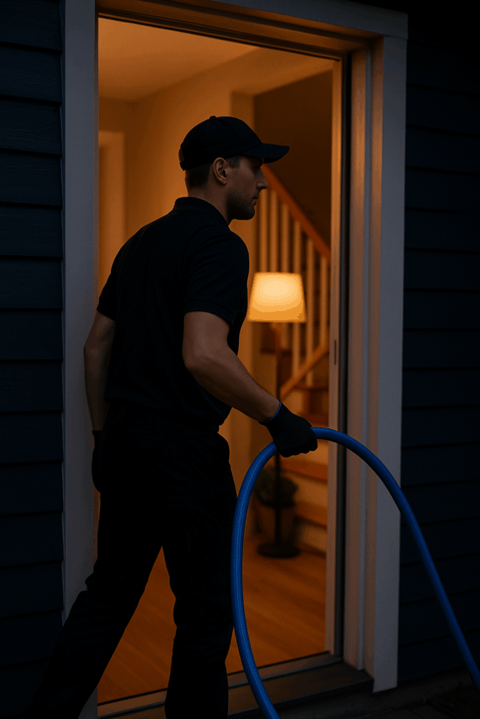 Spolmontör på väg in i en villa på kvällen med en blå spolslang i handen.