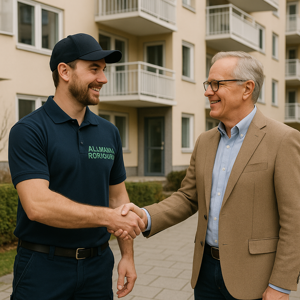 Spolmontör från Allmänna Rörjouren skakar hand med ordförande utanför en bostadsrättsförening på Lidingö.