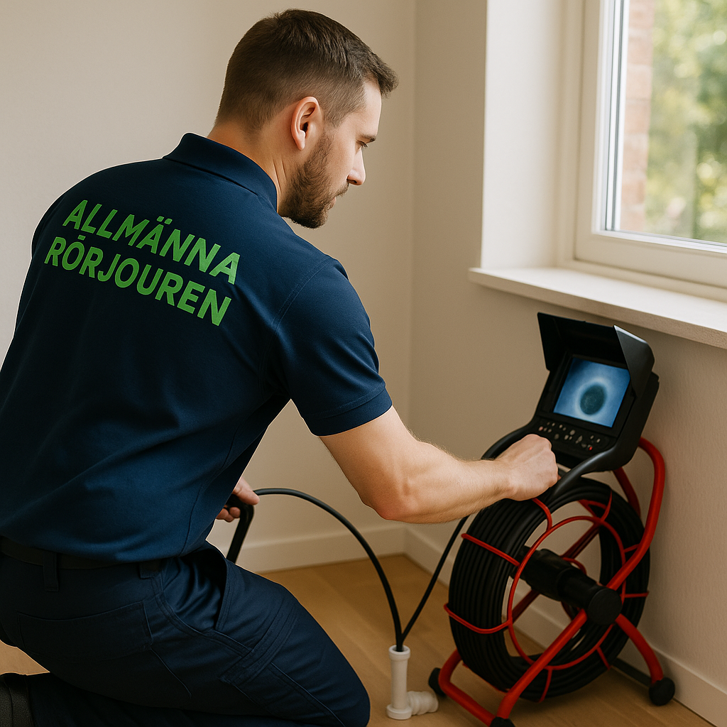 Spolmontör från Allmänna Rörjouren utför rörinspektion i en villa på Lidingö med kamerautrustning.