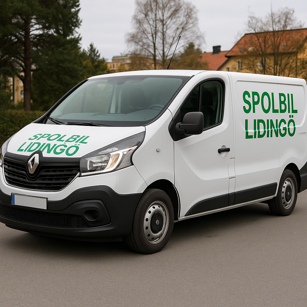 Vit Renault Trafic med texten "Spolbil Lidingö" i grön färg, parkerad på gata i Lidingö.