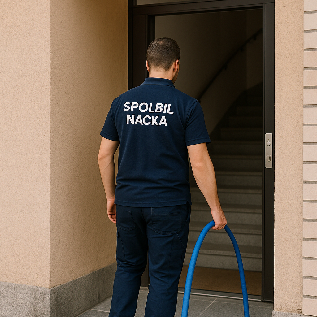 Spolmontör från Spolbil Nacka går in i en port med spolslang i handen.