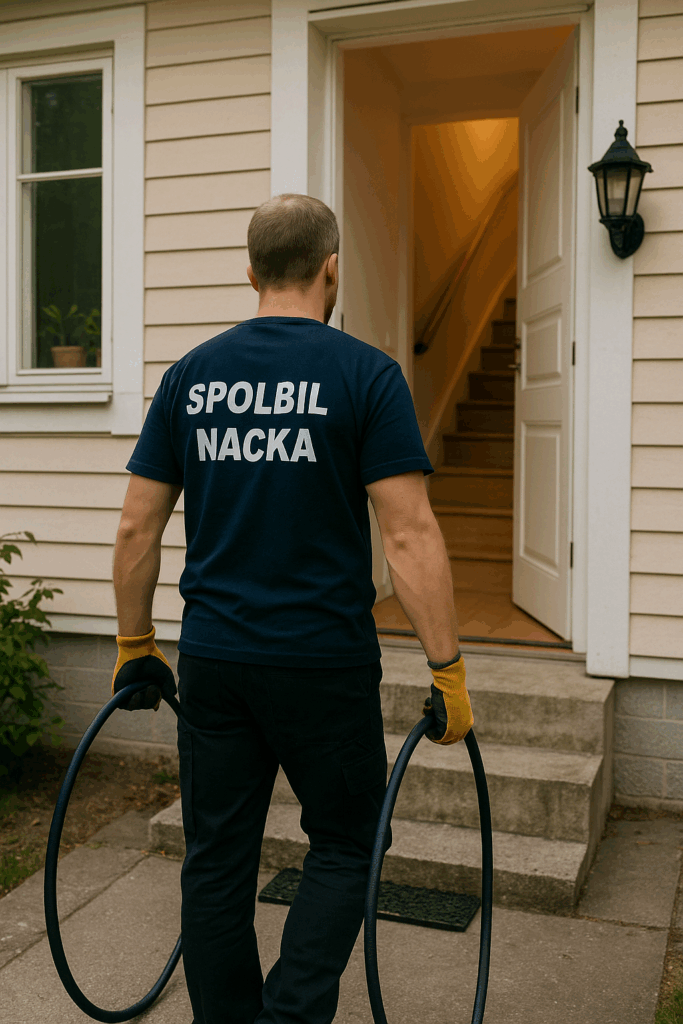 Spolmontör från Spolbil Nacka på väg in i en villa med spolslang i handen.