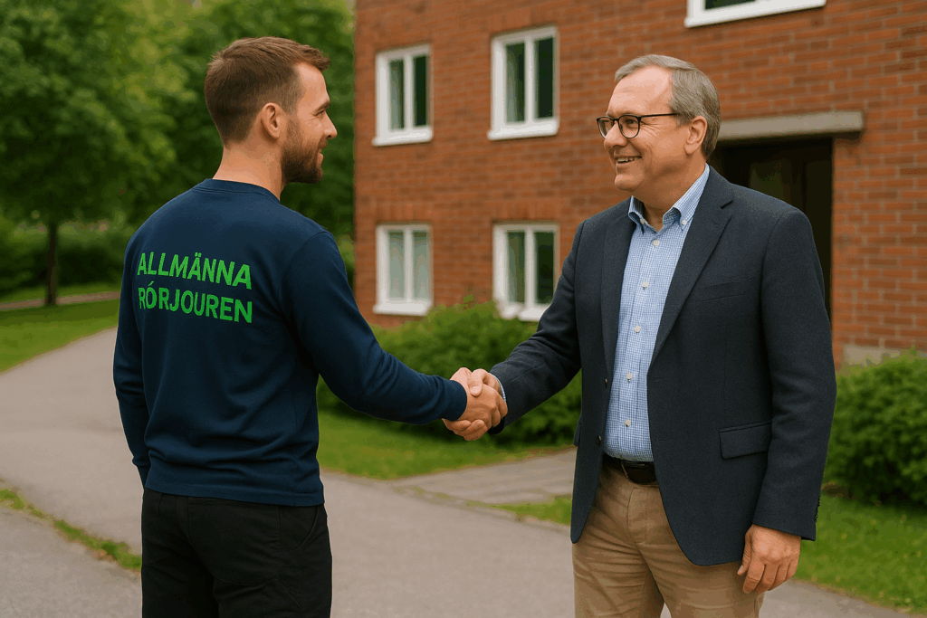 Spolmontör från Allmänna Rörjouren skakar hand med ordförande utanför en bostadsrättsförening i Norrtälje.