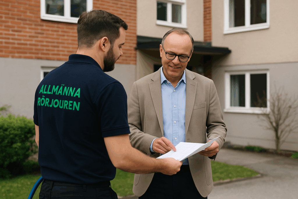 Spolmontör från Allmänna Rörjouren visar planering för stamspolning för BRF-ordförande i Vaxholm.